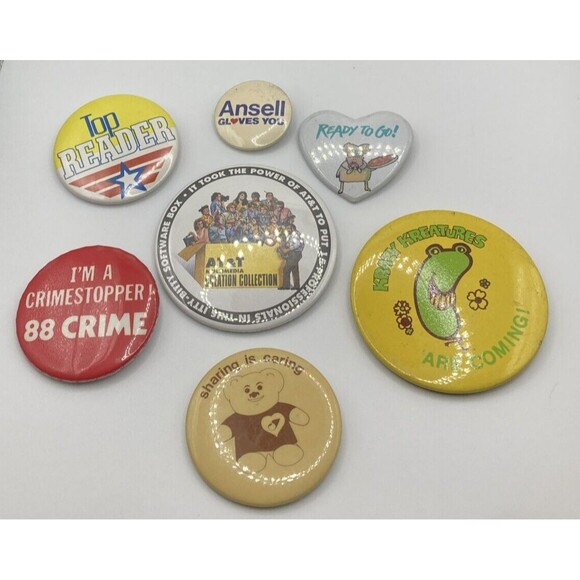 Vintage Lot of 7 Pin Back Button Advertising Top Reader Sharing is Caring Ansell - Picture 1 of 13